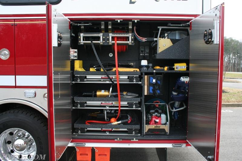 Extrication compartment Drivers Side:  The HURST System is a Hurst "Quad" Pump with Turbo Mode.  We will run two reels from each pump keeping the pump in Turbo Mode.  Turbo mode will allow our tools to run at twice the speed as normal.